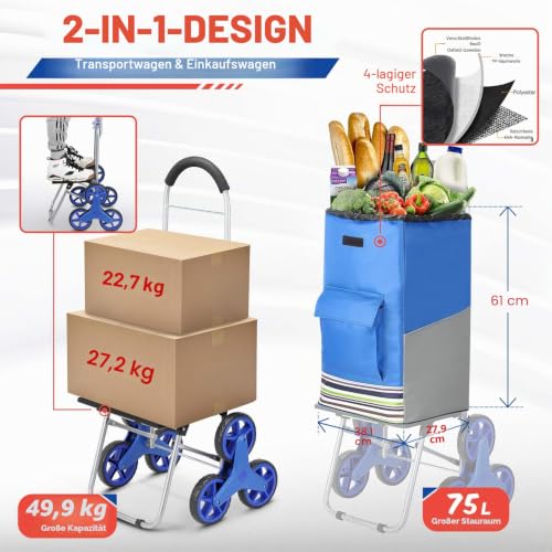 Popolic Verbesserter Einkaufstrolley, 2-in-1 zusammenklappbarer Einkaufswagen, 75 l Kapazität...