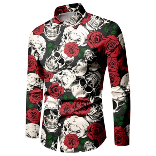 Generisch Disfraz de carnaval para hombre, camisa informal de calavera rosa impresa en 3D camisas de manga larga con botones hawaianos vintage con cuello alto, camisa holgada para el tiempo libre