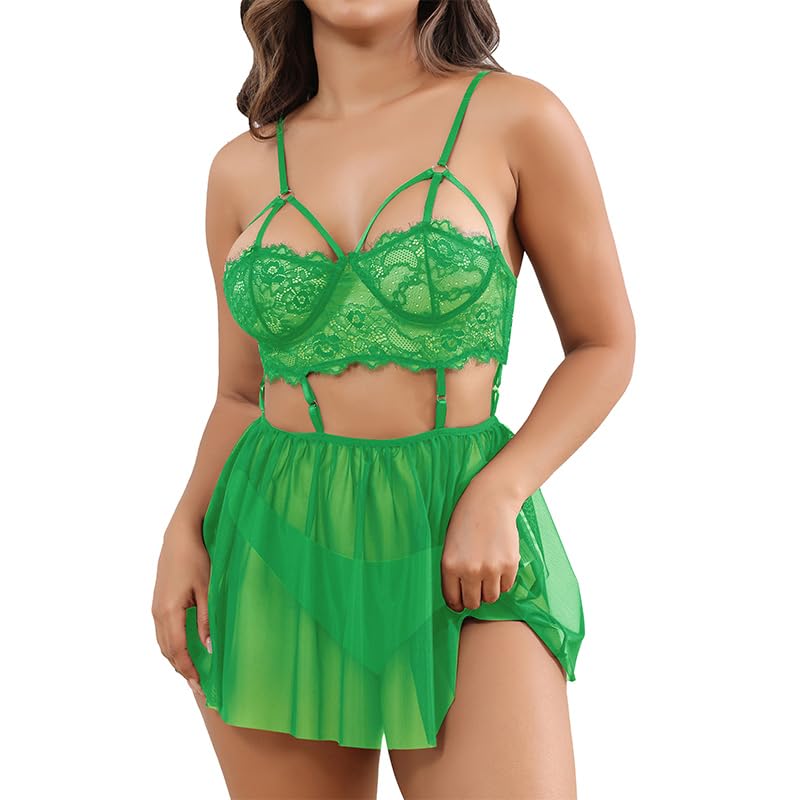 ALOECDYVLace Babydoll Dress Lingerie Women's Mesh Nightwear Chemise Black