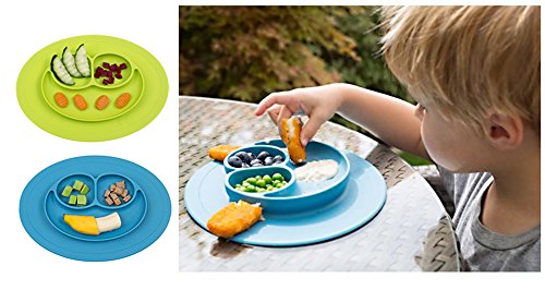 Baby Silicone Suction Placemat + Plates - Food Feeding Divided Mat for Kids and Toddlers Fits Most Highchair Trays - Easily Wipe Clean - Dishwasher and Microwave Safe (Blue+Green)