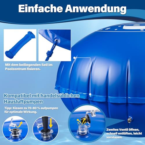 BerrysParadise Poolkissen Winter Ø4m XXXL Luftkissen für Pool, mit Doppelnaht, 20m Seil, aufblasbares Überwinterungskissen für Poolabdeckung, Zubehör für Frost- und Wetterschutz