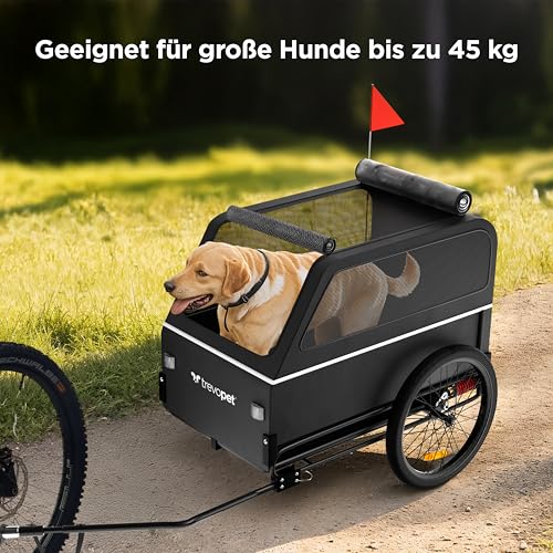 Trevopet® Hundeanhänger für Fahrrad XL – Faltbarer Hundefahrradanhänger mit Rampe, Federung & Kupplung – Fahrradanhänger Hunde bis 45 kg – Wasserdicht – Kompatibel mit E-Bikes – Shwarz