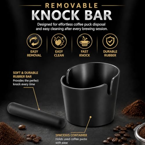 Image of ZURATO Coffee Knock Box for Espresso Machine | Espresso Grounds Container with Removable Rubber Bar | Non Slip Coffee Dump Bin for Home Cafe Barista Accessories | Black