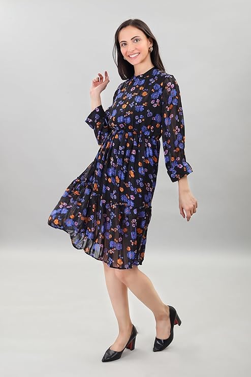 Image of A-Line Floral Printed Fit & Flared Western Brown Dress for Women | One Piece Midi Dress for Women Stylish Western Printed Dresses