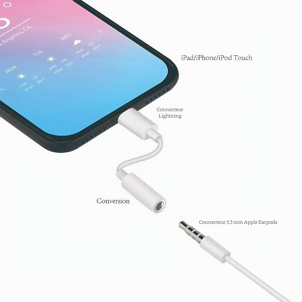 Adaptateur Lightning vers Jack 3,5 mm MFi pour iPhone 14/13/12/11/Xs/XR/X/8/7 - Lot de 2