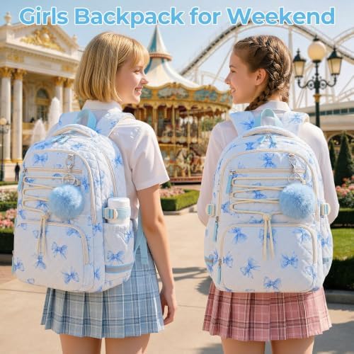 WOBAGMEN Backpack for Women,Cute Quilted Backpack with Multi-Pocket, Lightweight Anti Theft Bookbag Fits 15.6" Laptop (Blue Bow, M) — view 6