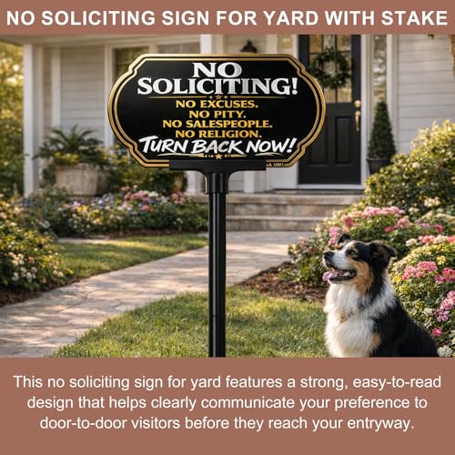 Image of Aggressive Funny No Soliciting Sign for House, 10 x 5 In Aluminum UV Printed Weatherproof Absolutely No soliciting Metal Sign with Adjustable 24 inch /37 inch Stake, Outdoor Yard Sign for Home and Front Door