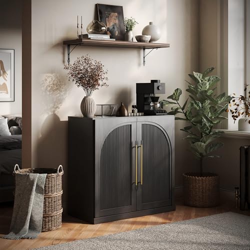 Image of BELLEZE Modular Sideboard with Double-Arc Wood Doors, Small Arched Buffet Cabinet with Storage and Adjustable Shelves, Classic Modern Credenza for Living Room, Kitchen, or Entryway (Ebony)