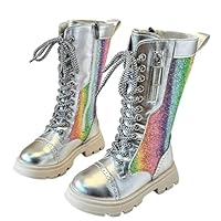Girls' Boots Paint Leather Shoes Knee High Riding Boots for Girls Glitter Dress Boot Rainbow Sequined Shoes Kids Lace Up Dressy Boot Winter Princess Long Shoe with Zipper Comfy Round Toe Booties