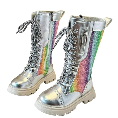 Girl's Combat Boots Metallic Rainbow Mid Calf Boots Lace Up Platform Boots Punk Gothic Fashion Festival Booties