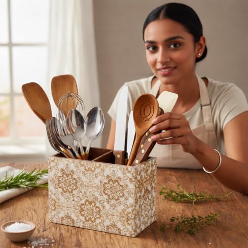 Image of Wooden Cutlery Holder with 2 Sections - Gold Design Spoon Stand for Kitchen & Dining Table Organizer (10x16x12 cm) | Multipurpose Cutlery stand for dining table, Chammach Stand, Table Decor