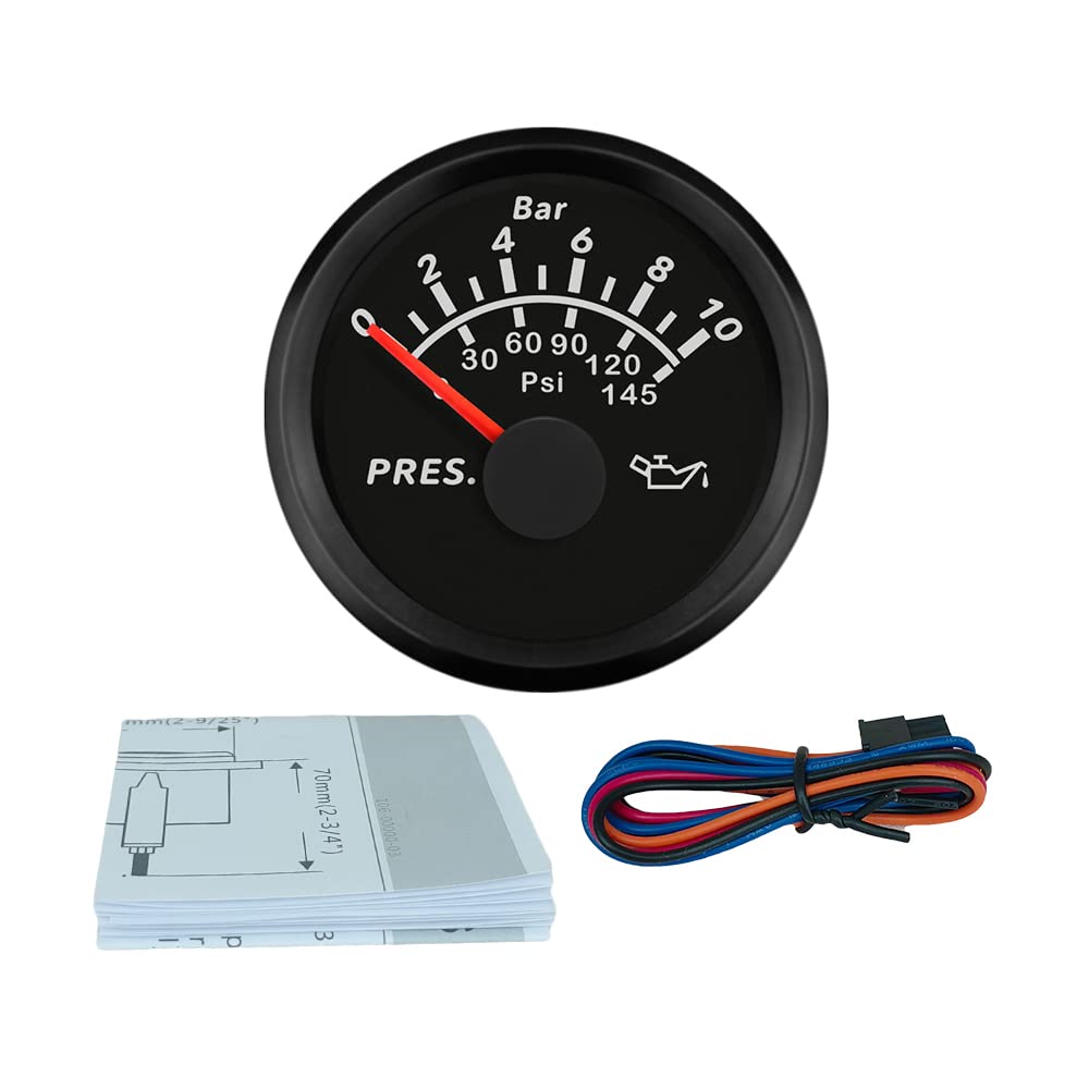 ELING 52 mm (2 '') Manometro olio 0-10bar 0-145PSI Impermeabile 9-32V Con Retroilluminazione per trattori SUV Motoscafi (nero+nero, 0-10Bar)