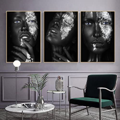 Toile portrait femme noire argent 40x60cm pour sublimer un mur de salon vide