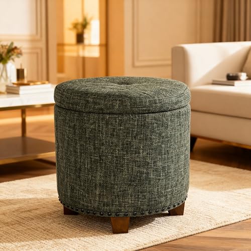 Image of HomePop 18.5 inch Round Storage Ottoman with Nailheads - Green Clover Fabric