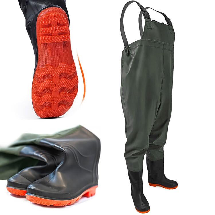 Hitbaits Omega Wathose Größe 43 – 100% wasserdichte Gummi-Anglerhose mit Rutschfester Sohle, verstellbaren Hosenträgern, PVC Anglerwathose für Männer, Watstiefel zum Angeln & Arbeiten im Wasser