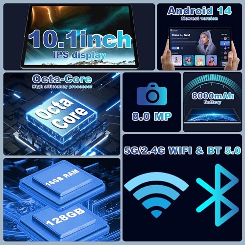 Image of Android 14 Tablet, 10.1 Inch Android Tablet PC, 16GB RAM 128GB ROM 1TB Expand, 6000mAh Battery, Octa-Core 10.1 Inch with 13MP+8MP Camera /Bluetooth /GPS /WiFi /HD Display (Dark Gray)