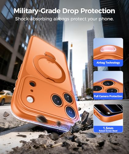 Image of FNTCASE for iPhone 17 Pro Case: [360 Spin Magnetic Stand] [Compatible with Magsafe] [Screen Protector] Translucent Matte Military Grade Shockproof Full Camera Protective Phone Cover - Orange