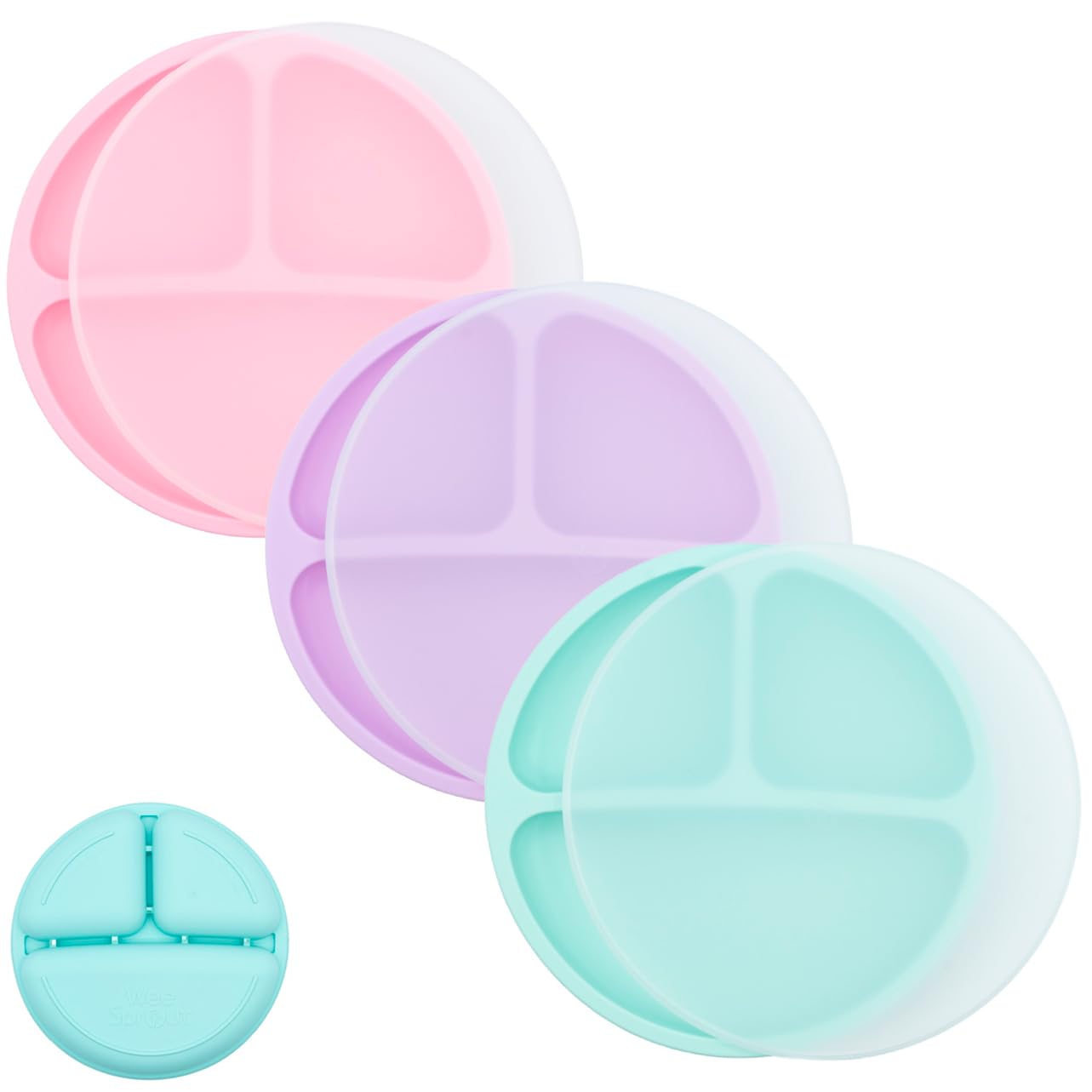 WeeSprout Silicone Divided Plates (With Lids), 100% Food Grade Silicone Divided Plates for Toddlers &amp; Kids, Dishwasher &amp; Microwave Safe