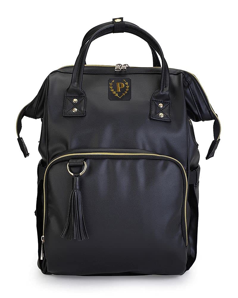 Baby JalebiPersonalized Day Tripper Multi-Pocket Vegan Leather Diaper Bag (Black, Initials "P")