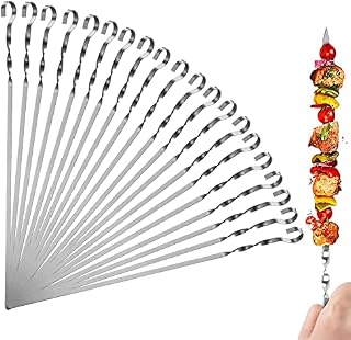 Kebab Skewers, Set of 20 Stainless Steel BBQ Grilling Skewers Flat Reusable Metal Skewer Sticks for BBQ, Cocktail, Shish Kabob, Party Essentials, 38cm (HUAIJUE-01)
