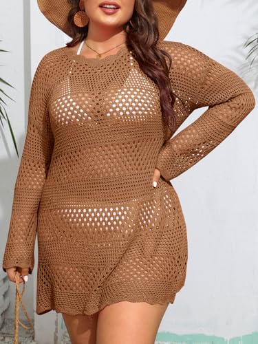 Beautife Womens Plus Size Swimsuit Cover Up Crochet Long Sleeve Mesh Knit Crew Neck Beach Coverup Dress2