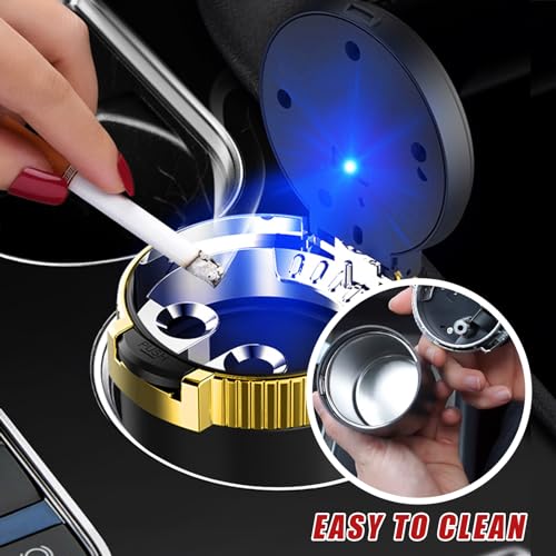 Image of Dickno 2 PCS Car Ashtray with Lid, Detachable Stainless Smokeless Auto Ashtray, Portable Mini Vehicle Trash Can with LED Blue Light, Universal Interior Accessories for Cup Holder (Golden)