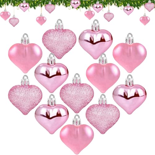 12 Pack Heart Shaped Christmas Baubles Shiny Glitter & Matte Heart Baubles Ornaments for Valentines Day Wedding Anniversary Xmas Tree Hanging Decorations 4.5 cm (Pink)