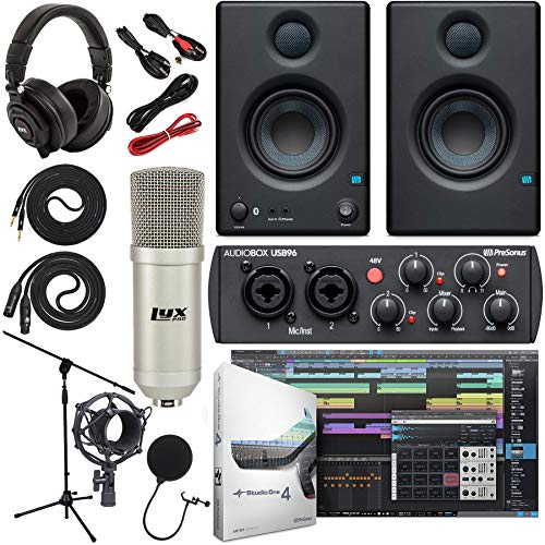PreSonus AudioBox 96 Audio Interface (May Vary Blue or Black) Complete Kit with Studio One Artist Software Pack w/Eris 4.5 BT Pair Studio Bluetooth Monitors, Condenser Microphone, 1/4" Cables