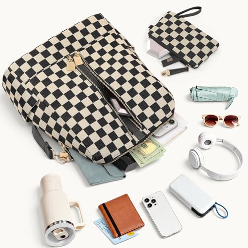 jingyuKJ Checkered Backpack Purse for Women Plaid Back Pack Purses Leather Backpack Bags Handbags for Travel Work (Black) by jingyuKJ - Used condition - Image 4