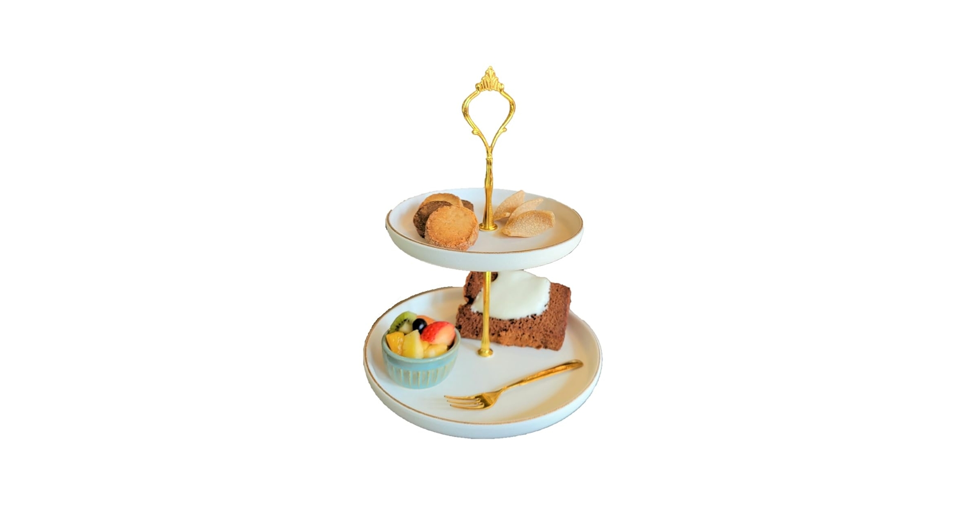 金属製 2段ケーキスタンド プレート付き ケーキスタンド 2段 ゴールド 金 おしゃれ 陶器製 23.5cm×25cm