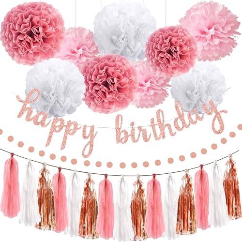 26 Pièces Rose Décoration Pompons, Pompons Papier de Soie, Décoration Anniversaire, Bannière, Couronnes Pois, Couronnes Pompons, Decoration Fleurs Papier, Fêtes Anniversaire, Mariages, Noël