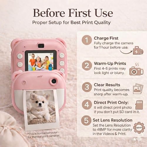 Image of Instant Print Camera 48MP | Photo & Video, Creative Game for Kids Mini LED Digital 1080P HD Display | Long Lasting Battery Life, Ideal Gift for Birthday, Boys & Girls (3 Rolls)