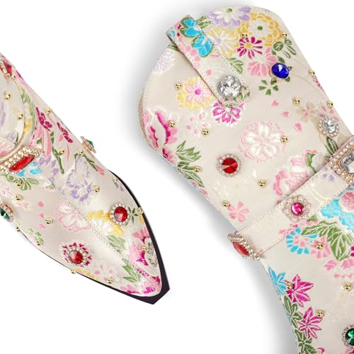 Image of LOCERICH Women Rhinestone Cowboy Sparkly Cowgirl Boots Diamond Western Floral Embroidery Mid Calf Booties