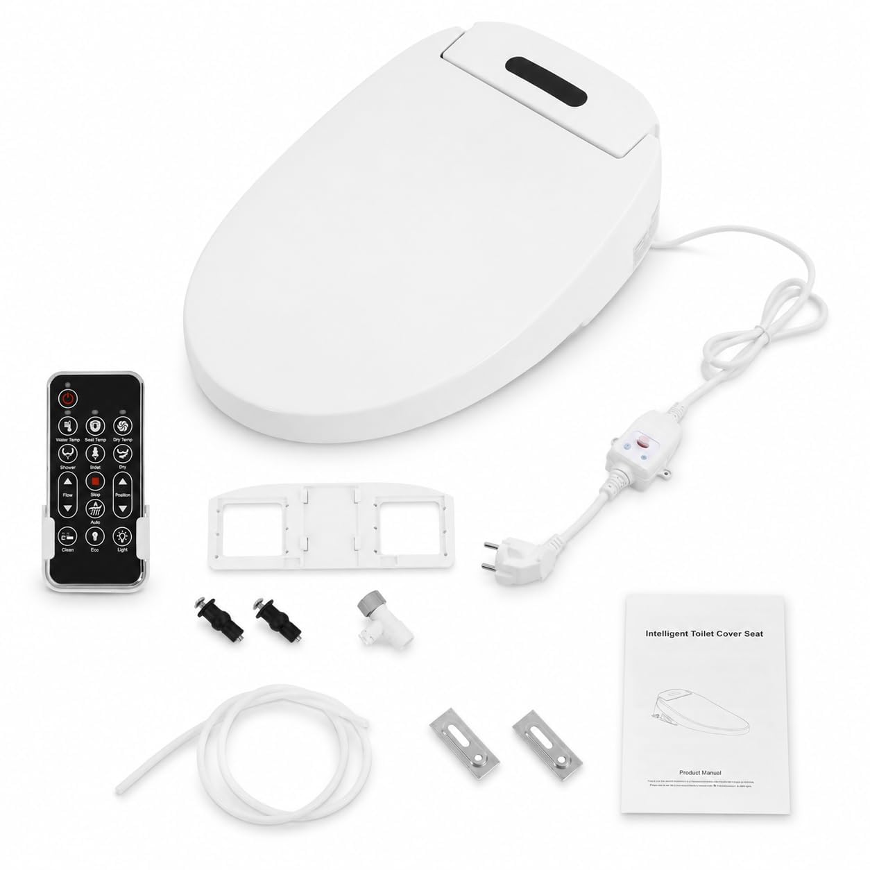 Smart Bidet Toilettensitz, 1300W, AC220V EU-Stecker, 4-Stufen Temperatur, Fernbedienung, Warmwasser, Trocknung, LED Nachtlicht, Weiß