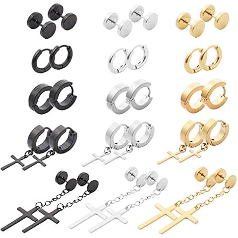 NEWITIN 15 Pairs Stainless Steel Stud Earrings for Men Hypoallergenic Earrings Cross Earrings Unisex Earrings Hoop Earrings Hinged Cross Dangle Earrings for Women Men Cover