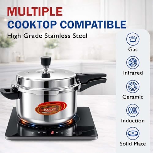 Image of Marlex Triply Stainless Steel 5 Litres Pressure Cooker with Outer Lid | Triply Steel Cooker with 3mm 3- Layer Thick Body, for Multi Cooktop Induction, Gas, Hot plate, Strong Sturdy Handle -5 Year Wrty