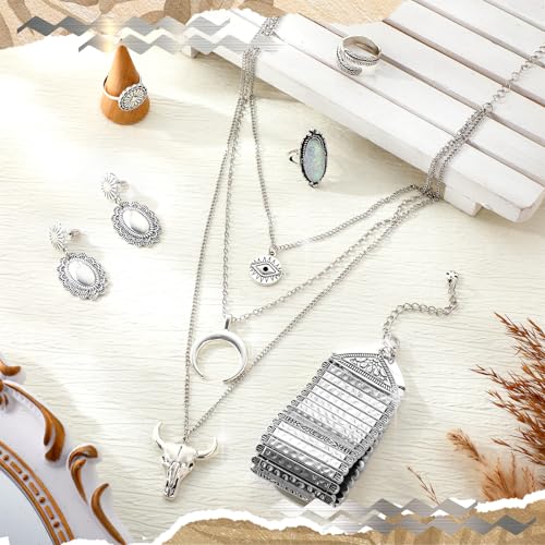 Image of Ecally Bohemian Western Jewelry Turquoise Set Women Country Pendant Long Choker Layered Bracelets Earrings Ring for Women