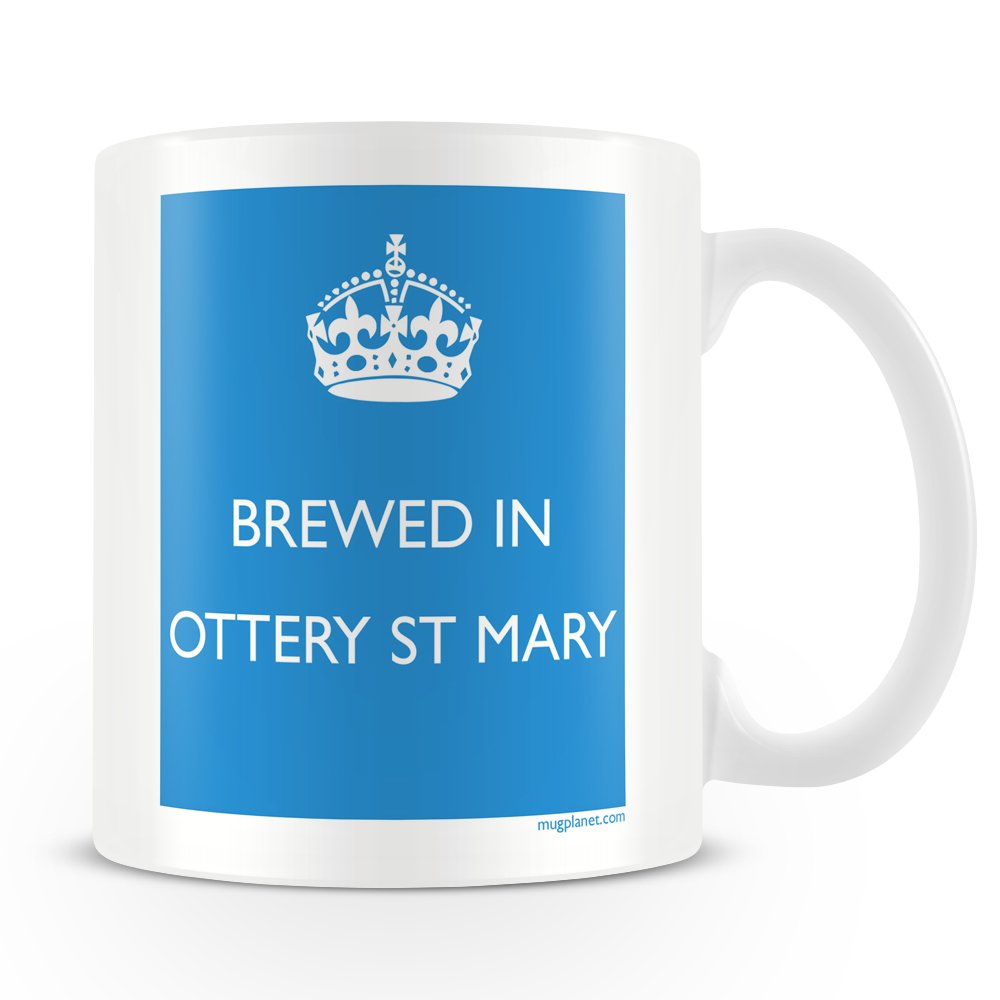 White Ceramic Mug with 'Brewed In Ottery st mary' Logo.