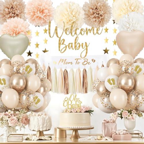 Baby Shower Decorations-Beige Cream Boho Neutral Balloons,Neutral Gender Reveal Party Supplies Welcome Baby Banner Paper Pom Poms Tassels,Cake Topper Star Decor for Boy Girl Baby Shower Decorations
