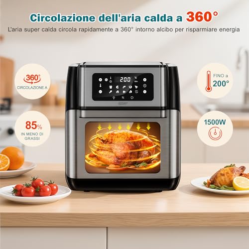 Innsky Friggitrice ad Aria 10L con Forno, Air Fryer XXL con LED Touch, 10 Funzioni (Griglia, Disidratatore, Pizza), 80-200°C, Cucina Senza Olio, 1500W, 6 Accessori e Ricettario - immagine 3