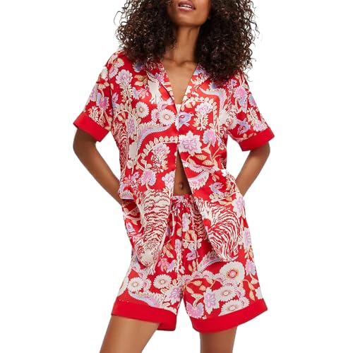 Image of Women Silk Pajamas Floral Satin 2 Piece Pajama Sets | Button Down Short Sleeve Shirt and Elastic High Waist Shorts, Vintage 2Pcs Pj Sets, Two Piece Lounge Set, Elegant Sleepwear