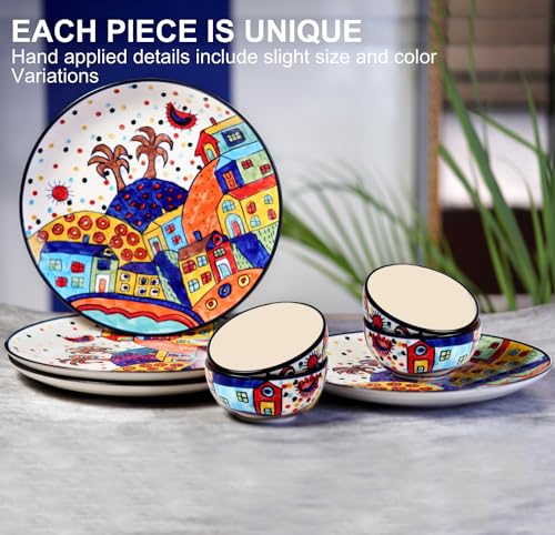 Image of Freakway Hut Family Hand-Painted Glossy Dinner Set Ceramic Stoneware Dinner Set of 8 Pieces | 4 Dinner Plate 10.3 Inch & 4 Serving Bowls 180 Ml | Dishwasher & Microwave Safe - Multicolor