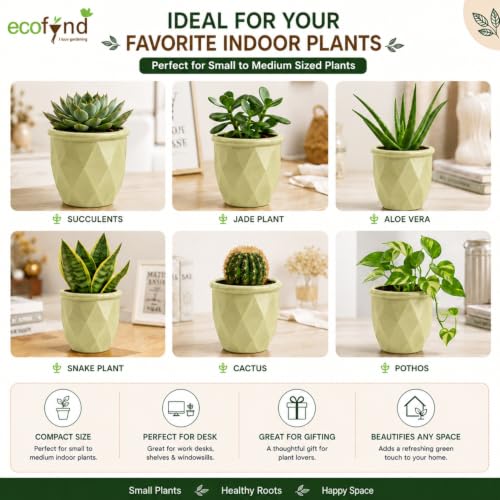 Image of ecofynd 4 Inch Ceramic Plant Pots with Drainage Hole, Modern Decorative Clay Flower Pots for Indoor Plants, Home Garden Decor for Living Room, Bedroom & Interior Spaces (Pack of 2, CPOT043-LGN)