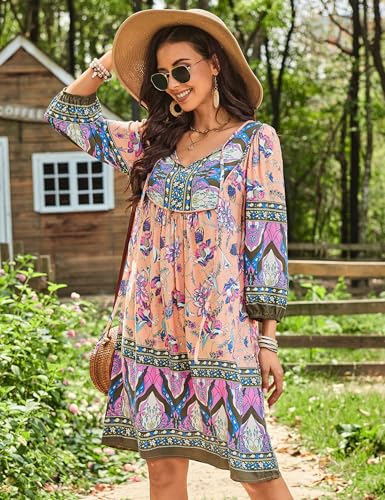 Image of Bluetime Women Casual Summer Dress Boho V Neck 3 /4 Sleeve Babydoll Floral Print Flowy Beach Dress