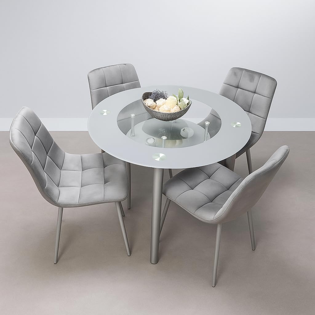 KOSY KOALA Glass Round Dining Table and Chairs Set - Frosted Tempered Glass Kitchen Table with 4 Grey Velvet Dining Chairs - Modern 4 Seater Kitchen Room Furniture - 90 x 90 x 75 cm