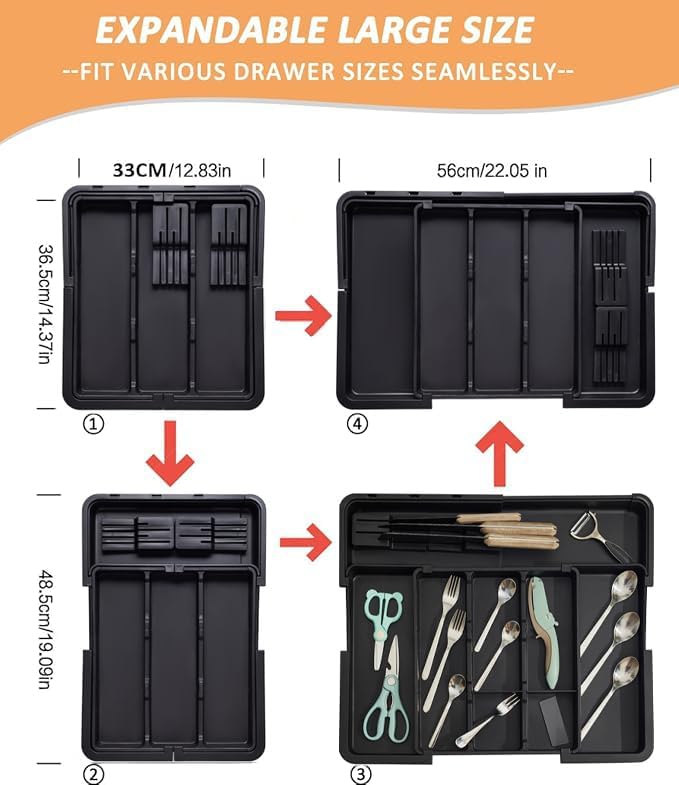 Cutlery Drawer Organiser, Expandable Kitchen Drawer Organiser, Expandable Utensil Tray with 2 Removable Knife Blocks, Utensil Organiser for Multipurpose Kitchen Storage (Black2) image 5