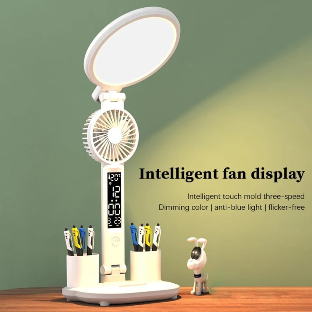 LED Desk Lamp Table Fan With Dimmable Reading Lamp Lighting Large Led Display