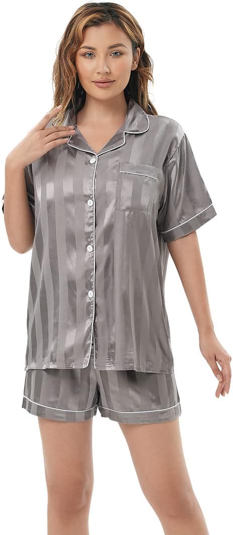 AiSomnus Women's Silk Striped Pajamas Set Short Sleeve Top and Shorts 2-Piece Silky Nightwear Button-Down Pj Sets Sleepwear - Image 6