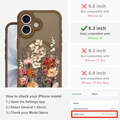 Image of Magnetic for iPhone 17 Case for Women Girls, Brown Floral | Cute Oil Painting Flower Pattern Design [Compatible with MagSafe] [Full Camera Protection] Slim Bumper Matte Protective Cover