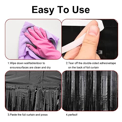 Image of 2 Pack 3.28 ft x 6.56 ft Black Tinsel Curtain Party Backdrop Decorations, Metallic Foil Fringe Backdrop Door for Halloween, Christmas, Birthday Graduation Wedding Party Streamers Photo Backdrop.